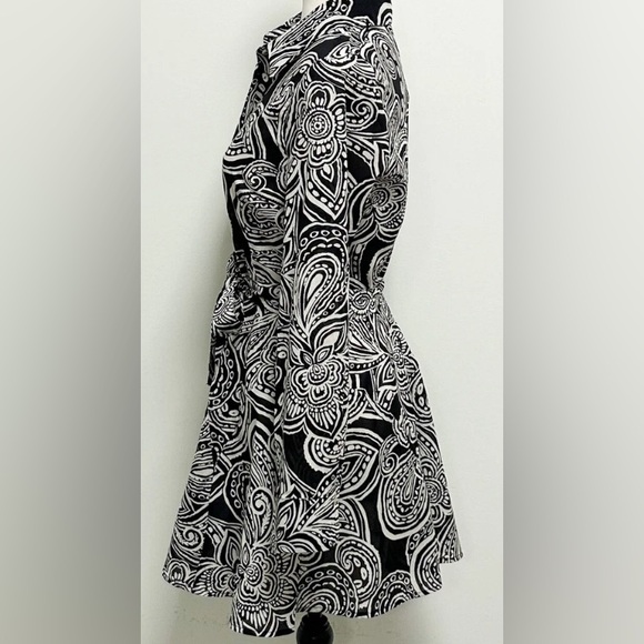 Zara Dress Black and White Floral Paisley Button Up Tie Belt Fit Flare Shirt XXL - Picture 4 of 10